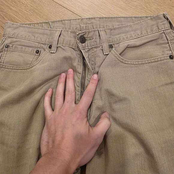 Levis 505 Jeans Mens 32x32 Tan Khaki Regular Fit Straight Leg White Tab - Picture 2 of 14